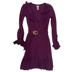 Cache Vintage Purple ruffle belted mini dress with gold buckle detail